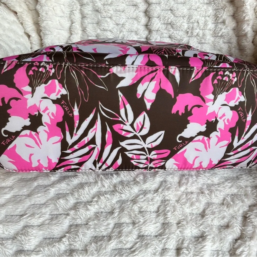Furla Large Tote Printed Canvas Black Leather Handles Pink Multicolor